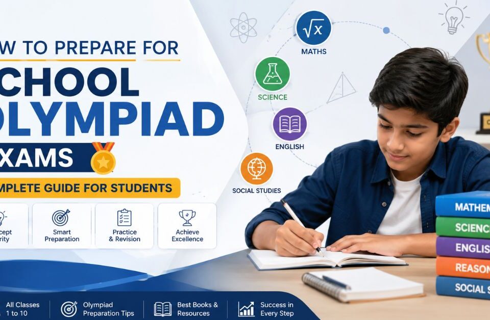 Student preparing for school Olympiad exams with Maths, Science, English, and reasoning study materials as part of a complete Olympiad preparation guide.