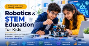 Students building a robot during a robotics and STEM education class, showcasing hands-on learning, coding, creativity, and future-ready skills in a modern school.