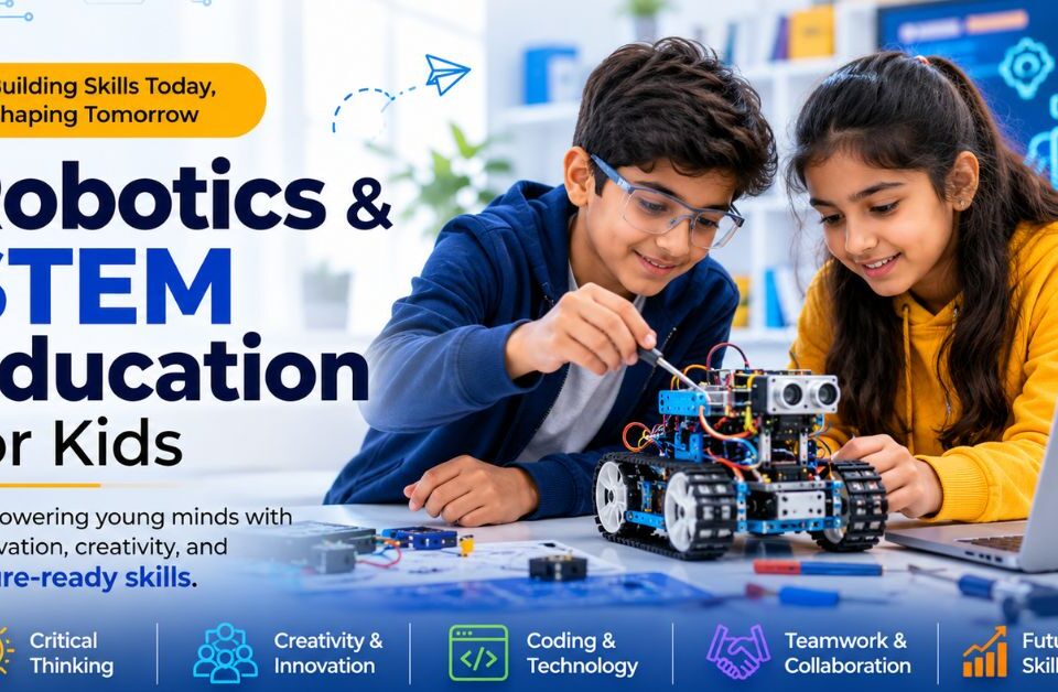 Students building a robot during a robotics and STEM education class, showcasing hands-on learning, coding, creativity, and future-ready skills in a modern school.